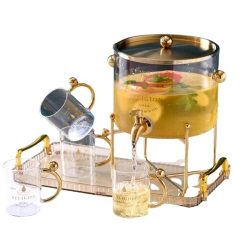 Distributeur de boissons en verre avec robinet en acier inoxydable et support en métal