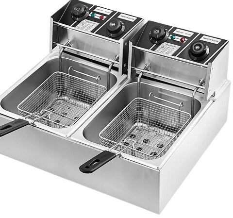 Friteuse électrique double compacts professionnelle, friteuse de frites de poulet en acier inoxydable avec pelle à panier